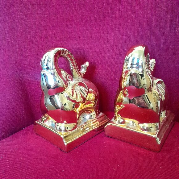 Gold Elephant Bookends Pair Ceramic 7" Tall - Picture 4 of 9